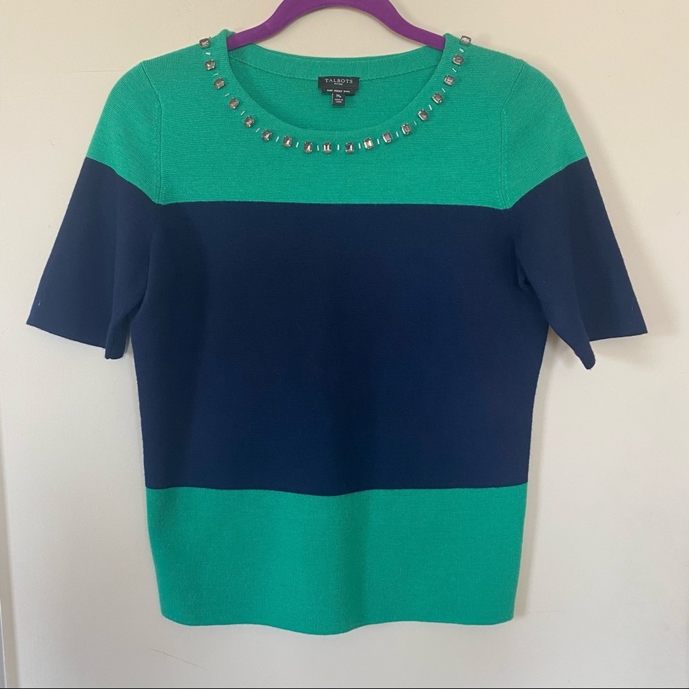 Talbots Navy Green Embellished Merino Wool Top